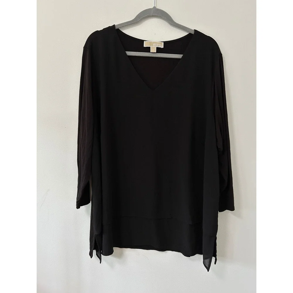 Michael Kors Layered Hem Tunic Women 2X Black Minimalist 3/4 Sleeve V-Neck Top